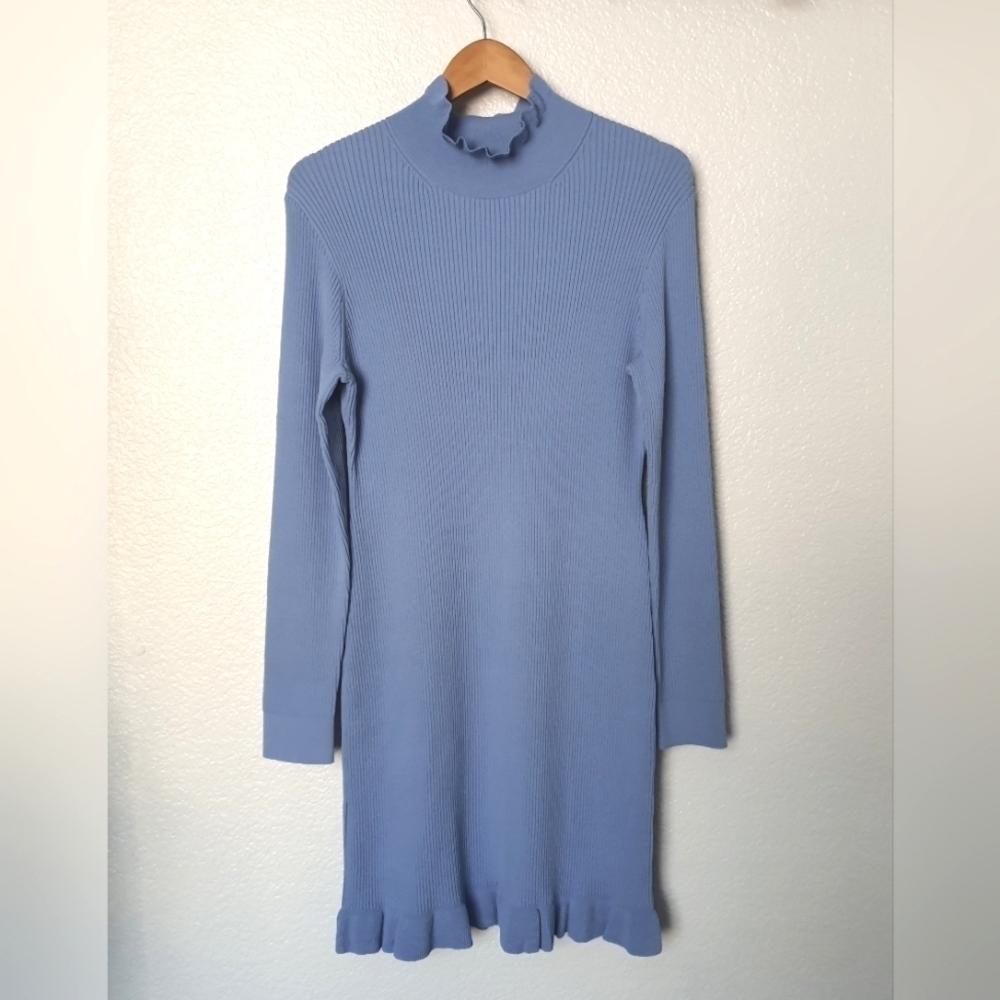 J. Crew Supersculpt Ribbed Midi Dress Long Sleeve Ruffle Trim Blue Size XL - Picture 16 of 16